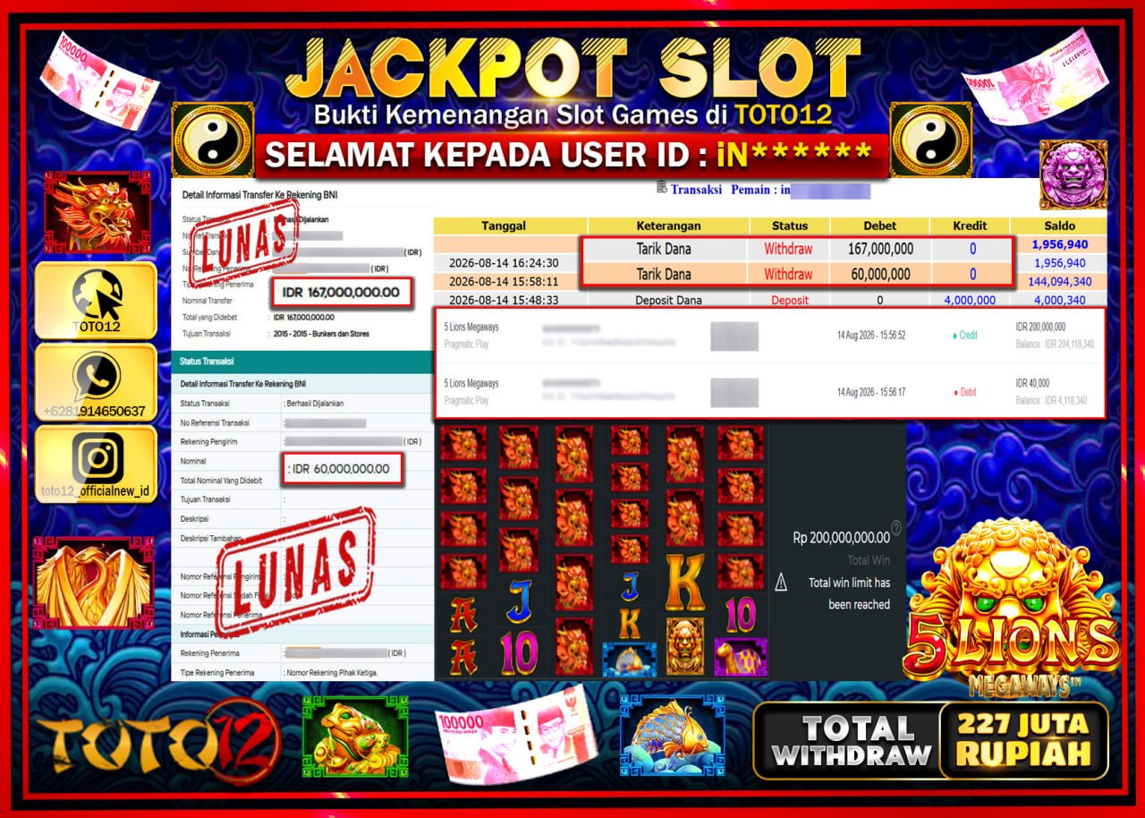 HANYA DI TOTO12 JP PASTI DI BAYAR LUNAS DAN CEPAT!!!!!! JACKPOT SLOT GAME (5 LIONS MEGAWAYS) Rp227.000.000!!!!