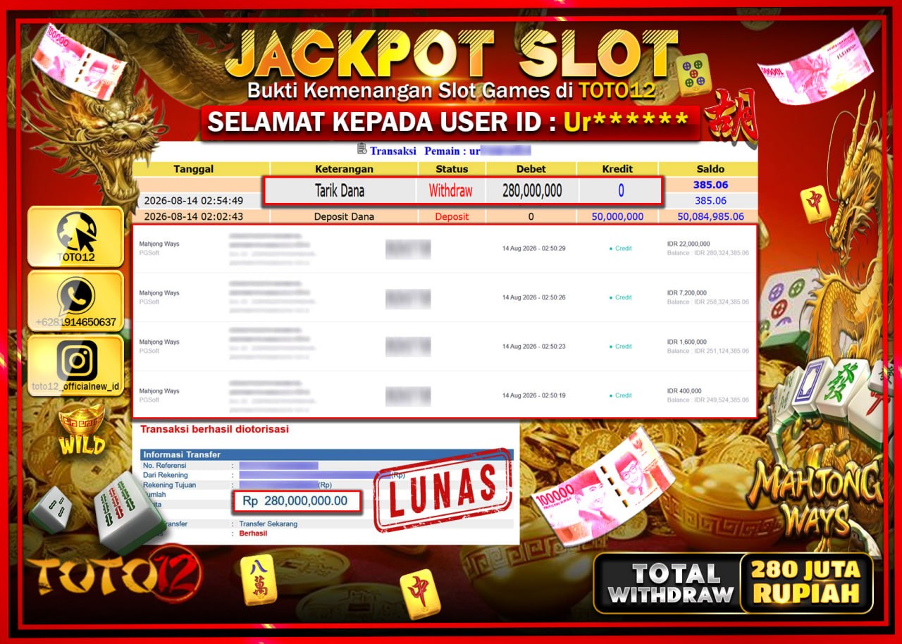 HANYA DI TOTO12 JP PASTI DI BAYAR LUNAS DAN CEPAT!!!!!! JACKPOT SLOT GAME (MAHJONG WAYS) Rp280.000.000!!!!