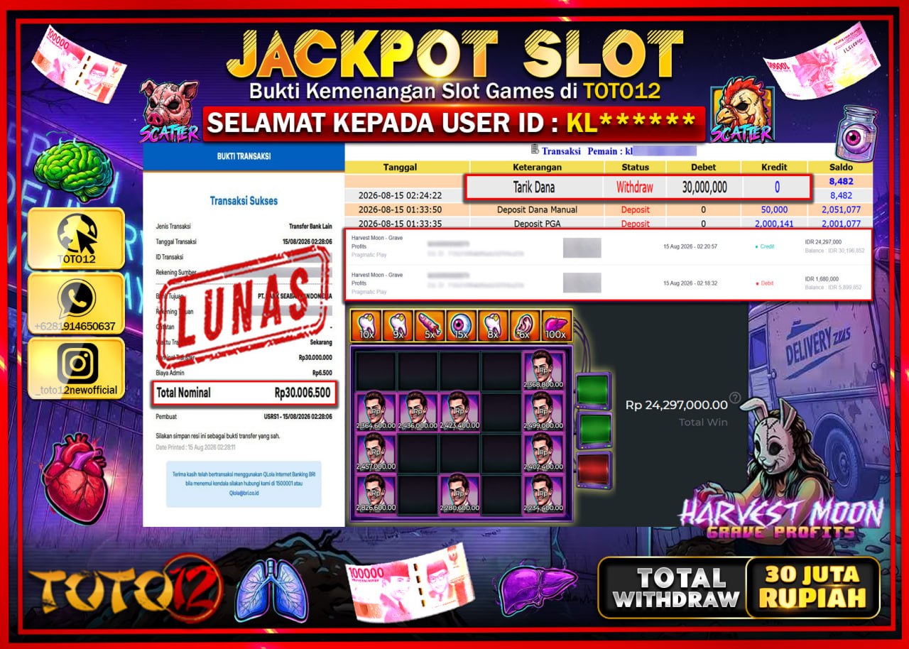 HANYA DI TOTO12 JP PASTI DI BAYAR LUNAS DAN CEPAT!!!!!! JACKPOT SLOT GAME (HARVEST MOON GRAVE PROFITS) Rp30.000.000!!!!