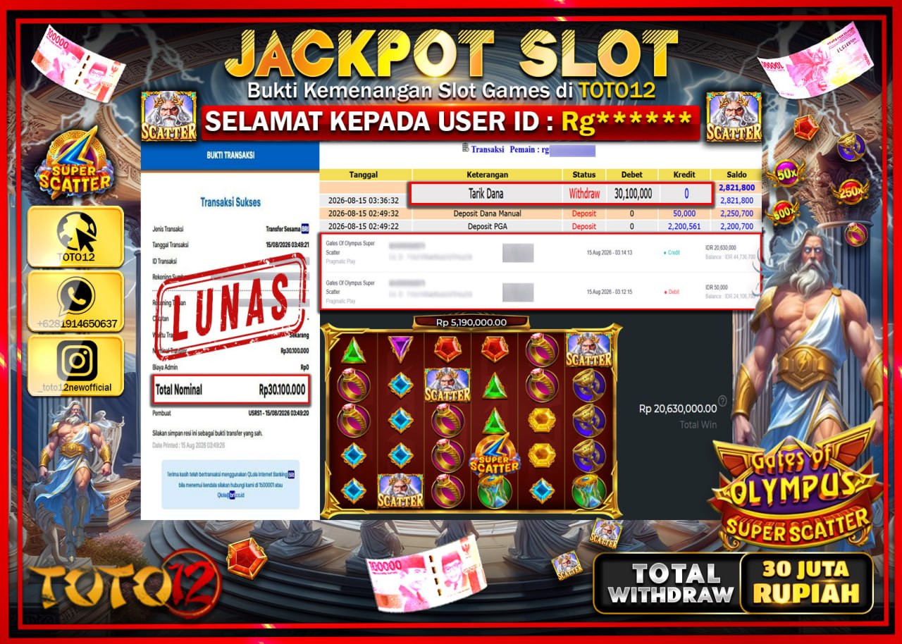 HANYA DI TOTO12 JP PASTI DI BAYAR LUNAS DAN CEPAT!!!!!! JACKPOT SLOT GAME (GATES OF OLYMPUS SUPER SCATTER) Rp30.100.000!!!!