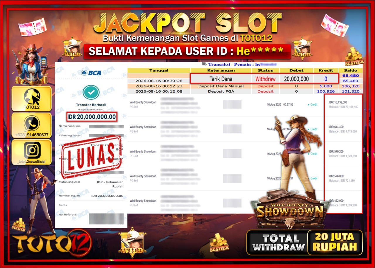 HANYA DI TOTO12 JP PASTI DI BAYAR LUNAS DAN CEPAT!!!!!! JACKPOT SLOT GAME (WILD BOUNTY SHOWDOWN) Rp20.000.000!!!!