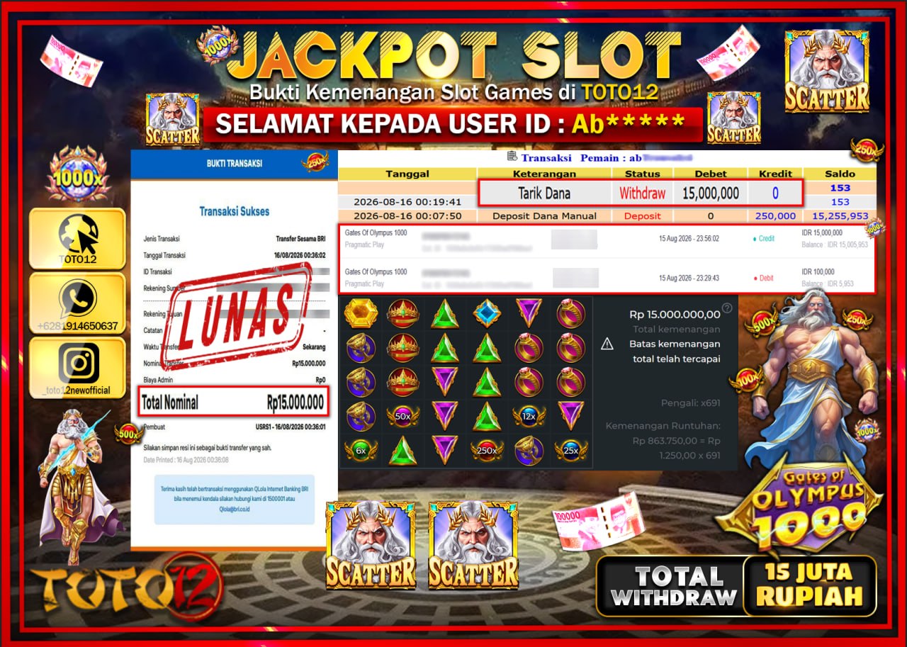 HANYA DI TOTO12 JP PASTI DI BAYAR LUNAS DAN CEPAT!!!!!! JACKPOT SLOT GAME (GATES OF OLYMPUS 1000) Rp15.000.000!!!!