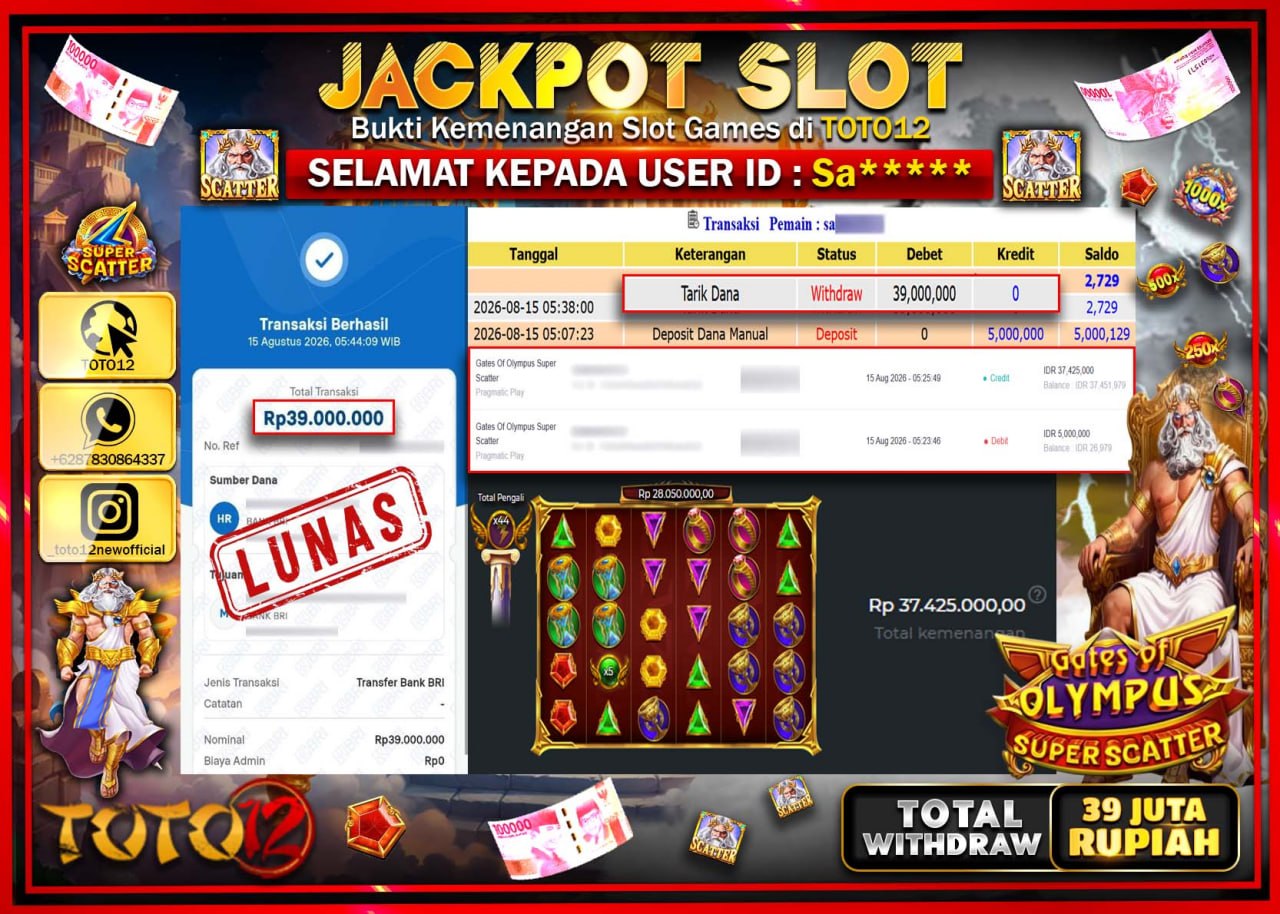 HANYA DI TOTO12 JP PASTI DI BAYAR LUNAS DAN CEPAT!!!!!! JACKPOT SLOT GAME (GATES OF OLYMPUS SUPER SCATTER) Rp39.000.000!!!!