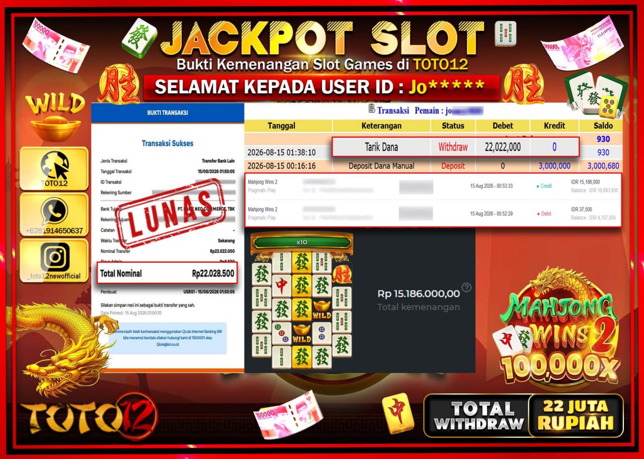 HANYA DI TOTO12 JP PASTI DI BAYAR LUNAS DAN CEPAT!!!!!! JACKPOT SLOT GAME (MAHJONG WINS 2) Rp22.022.000!!!!
