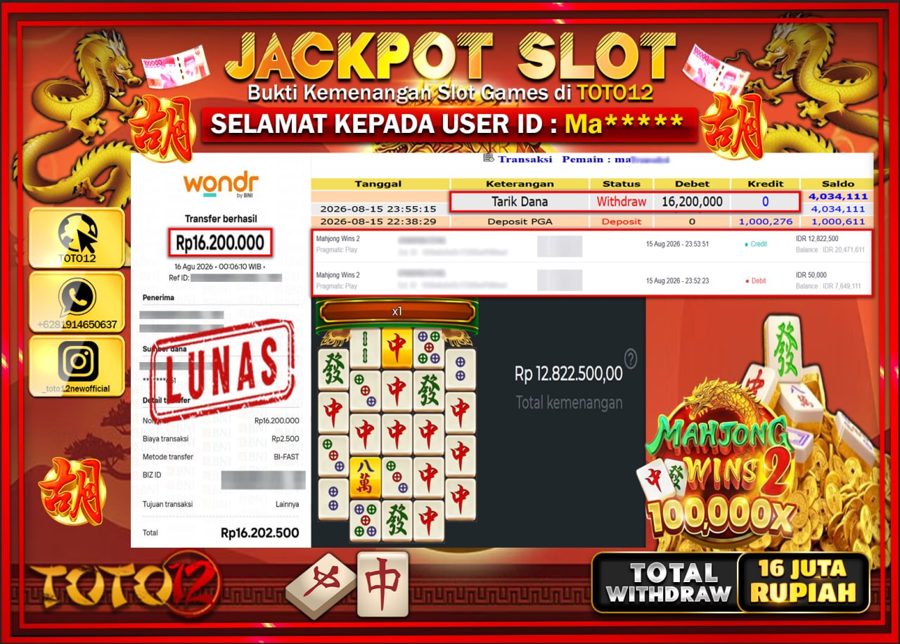 HANYA DI TOTO12 JP PASTI DI BAYAR LUNAS DAN CEPAT!!!!!! JACKPOT SLOT GAME (MAHJONG WINS 2) Rp16.200.000!!!!