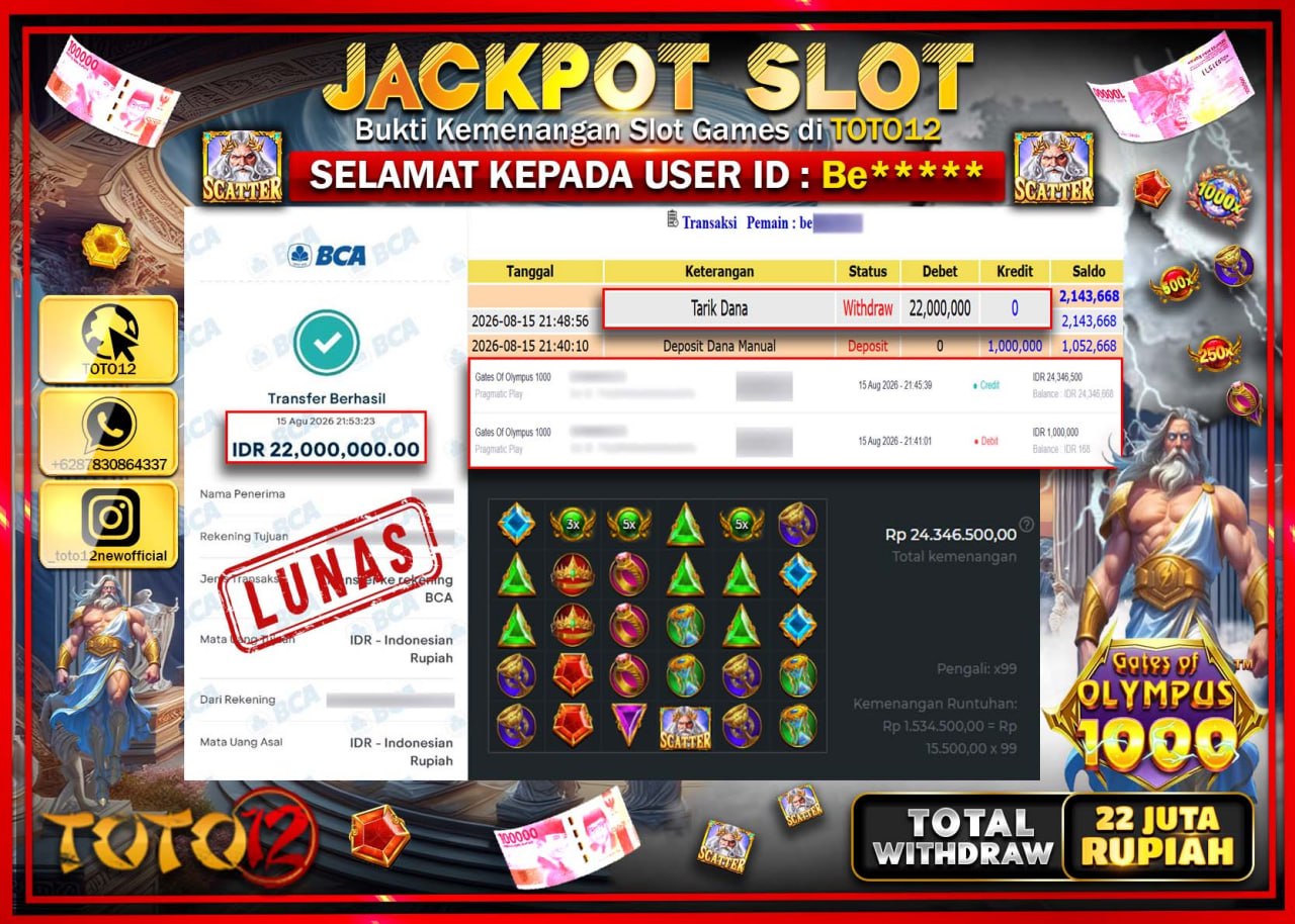HANYA DI TOTO12 JP PASTI DI BAYAR LUNAS DAN CEPAT!!!!!! JACKPOT SLOT GAME (GATES OF OLYMPUS 1000) Rp22.000.000!!!!