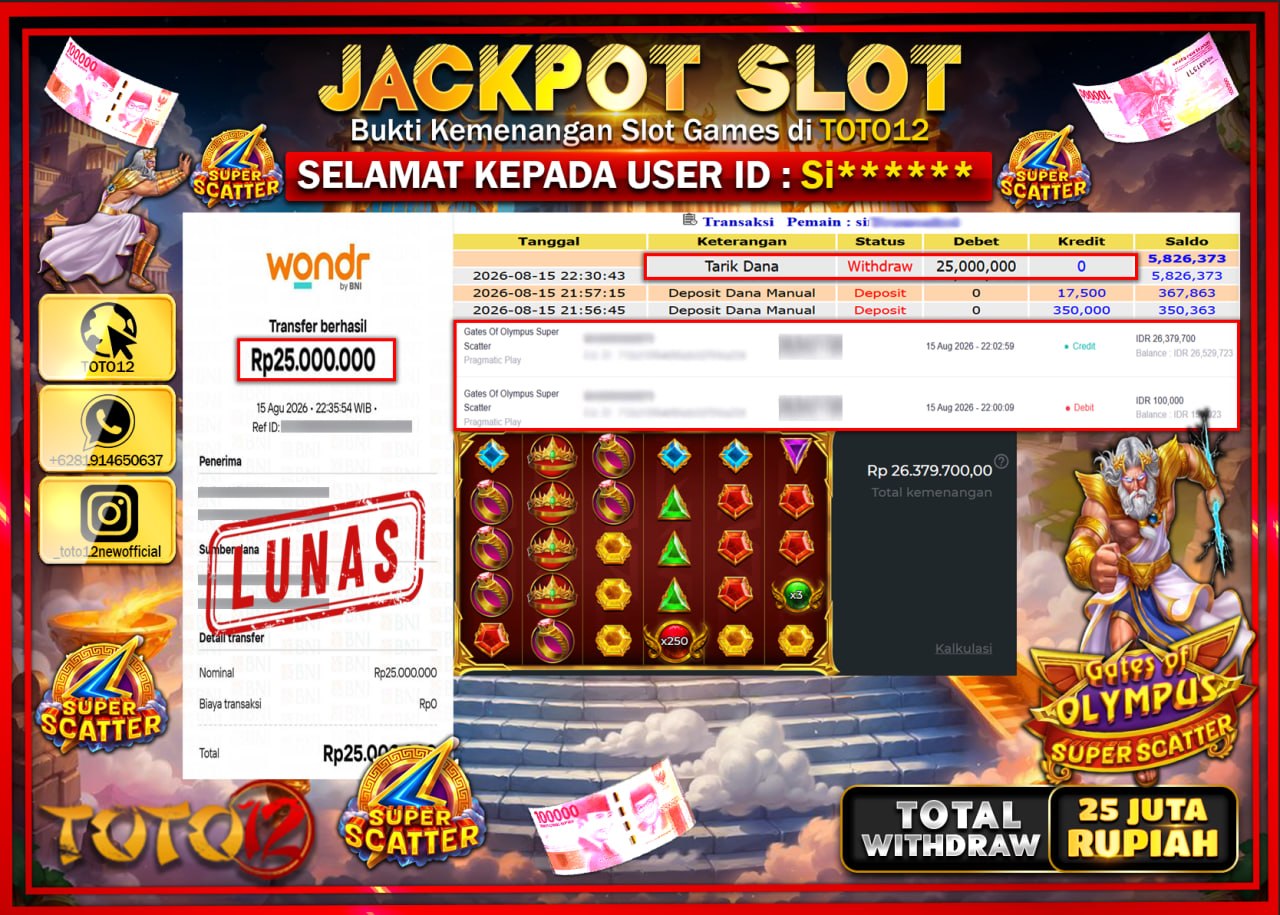 HANYA DI TOTO12 JP PASTI DI BAYAR LUNAS DAN CEPAT!!!!!! JACKPOT SLOT GAME (GATES OF OLYMPUS SUPER SCATTER) Rp25.000.000!!!!
