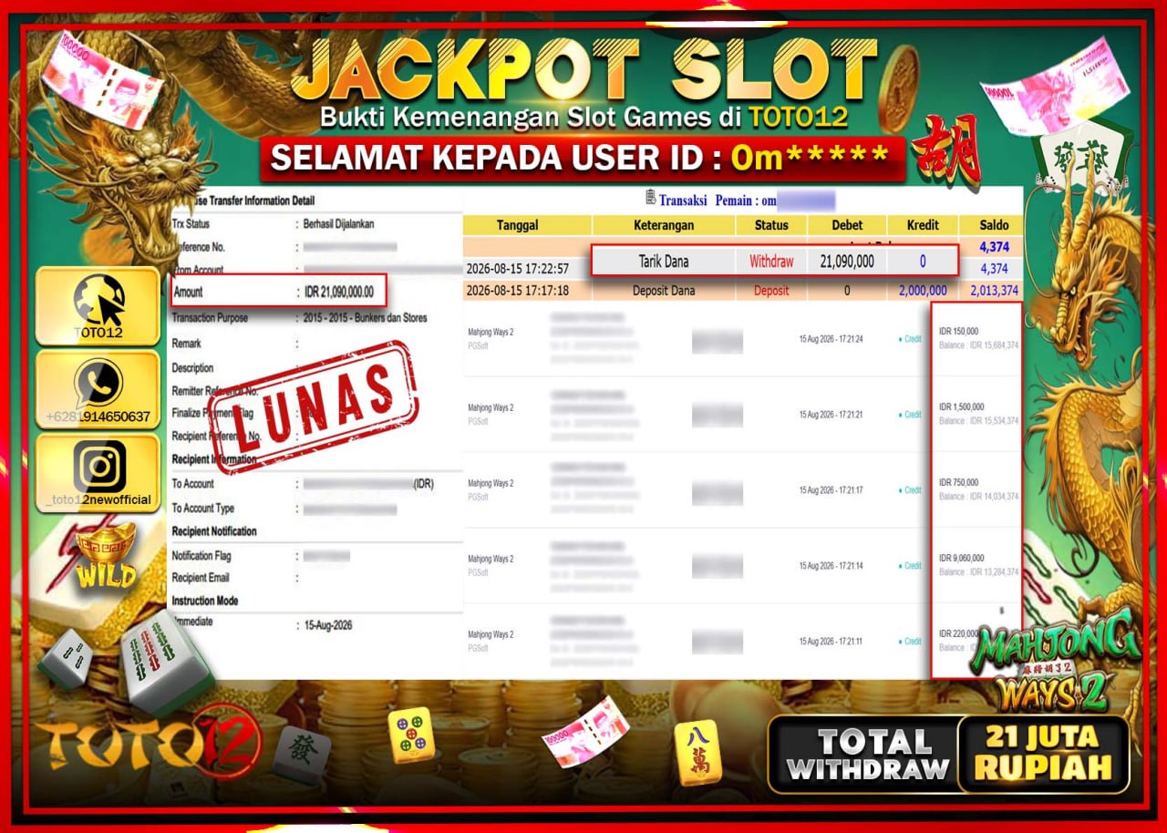 HANYA DI TOTO12 JP PASTI DI BAYAR LUNAS DAN CEPAT!!!!!! JACKPOT SLOT GAME (MAHJONG WAYS 2) Rp21.090.000!!!!