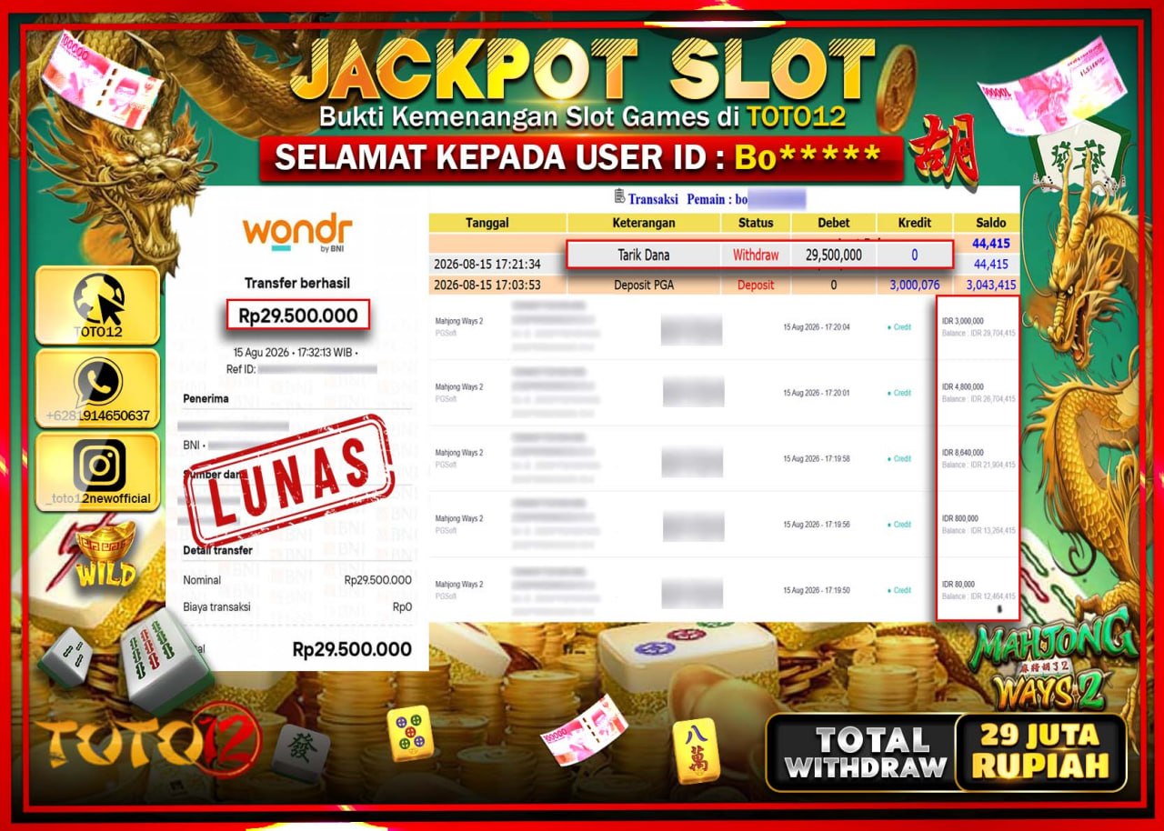HANYA DI TOTO12 JP PASTI DI BAYAR LUNAS DAN CEPAT!!!!!! JACKPOT SLOT GAME (MAHJONG WAYS 2) Rp29.500.000!!!!