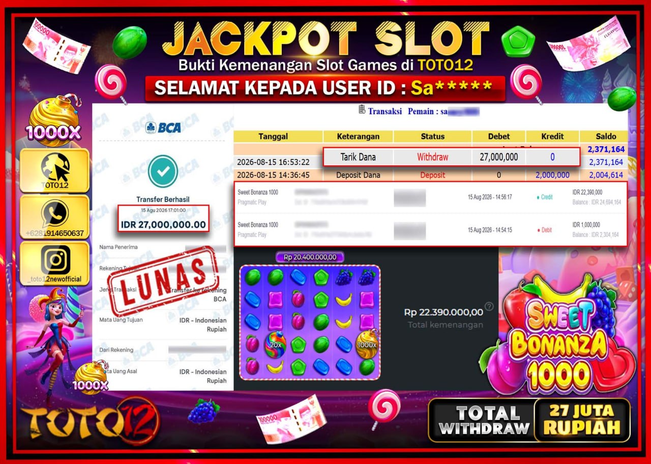 HANYA DI TOTO12 JP PASTI DI BAYAR LUNAS DAN CEPAT!!!!!! JACKPOT SLOT GAME (SWEET BONANZA 1000) Rp27.000.000!!!!