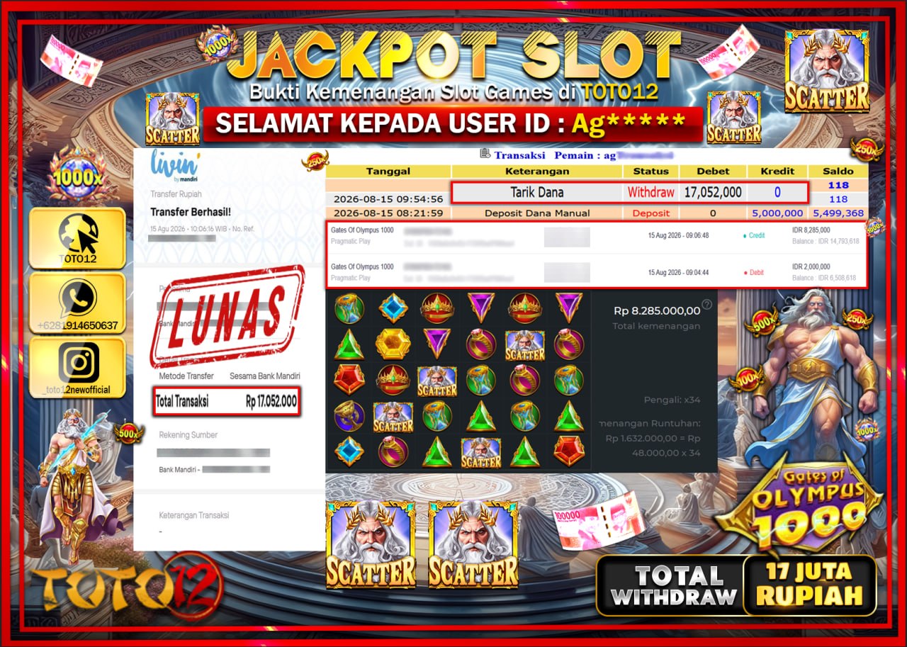 HANYA DI TOTO12 JP PASTI DI BAYAR LUNAS DAN CEPAT!!!!!! JACKPOT SLOT GAME (GATES OF OLYMPUS 1000) Rp17.052.000!!!!