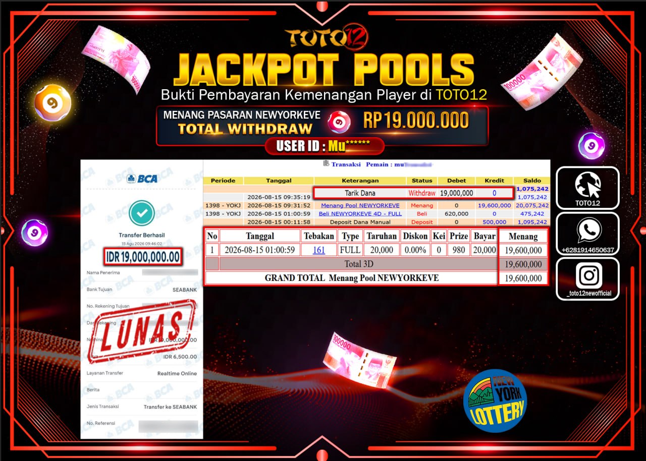 HANYA DI TOTO12 JP PASTI DI BAYAR LUNAS DAN CEPAT!!!!!! JACKPOT POOLS PASARAN (NEWYORKEVE) Rp19.000.000!!!!