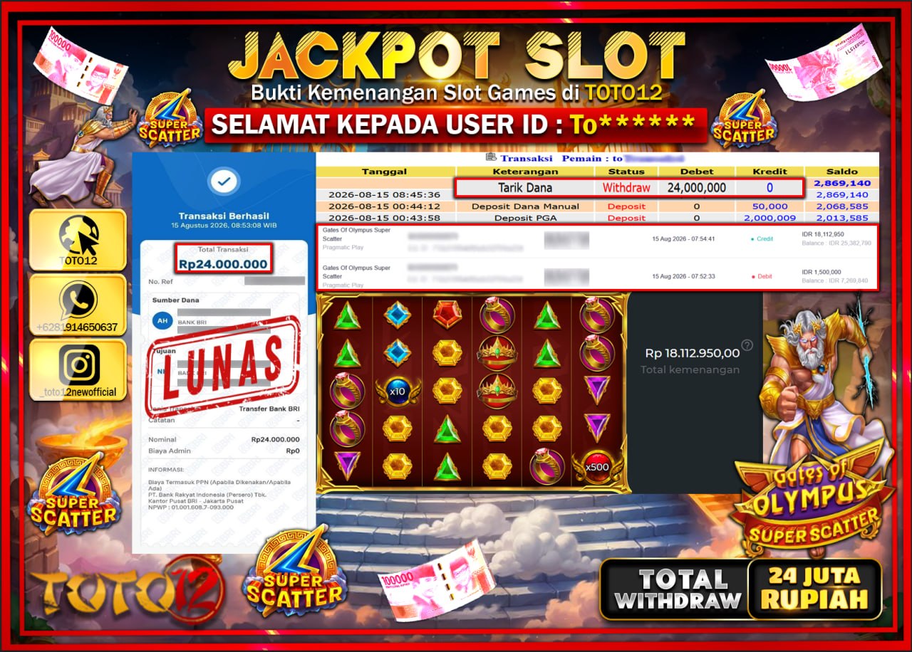 HANYA DI TOTO12 JP PASTI DI BAYAR LUNAS DAN CEPAT!!!!!! JACKPOT SLOT GAME (GATES OF OLYMPUS SUPER SCATTER) Rp24.000.000!!!!