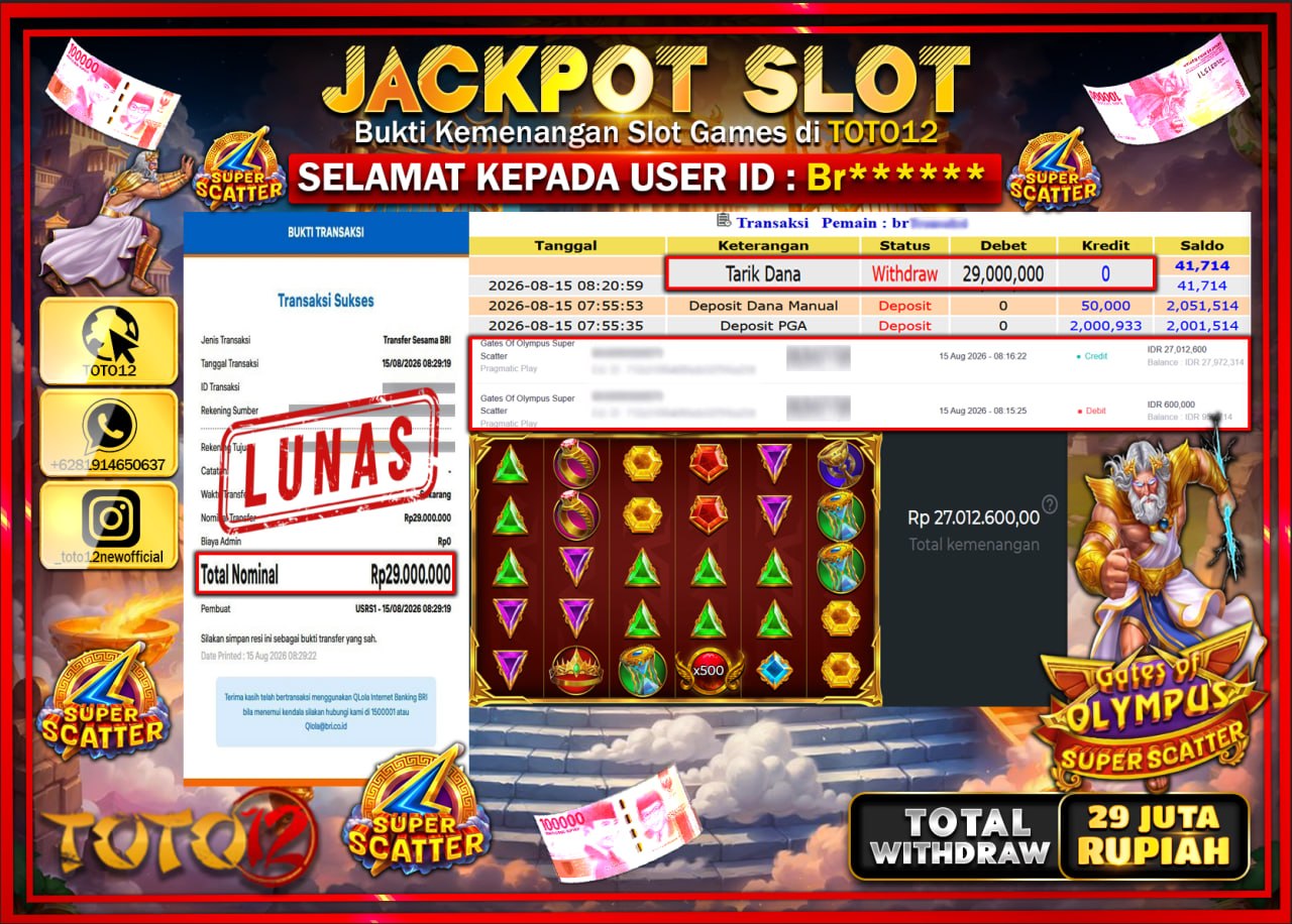 HANYA DI TOTO12 JP PASTI DI BAYAR LUNAS DAN CEPAT!!!!!! JACKPOT SLOT GAME (GATES OF OLYMPUS SUPER SCATTER) Rp29.000.000!!!!