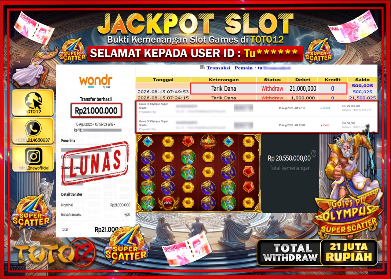 HANYA DI TOTO12 JP PASTI DI BAYAR LUNAS DAN CEPAT!!!!!! JACKPOT SLOT GAME (GATES OF OLYMPUS SUPER SCATTER) Rp21.000.000!!!!