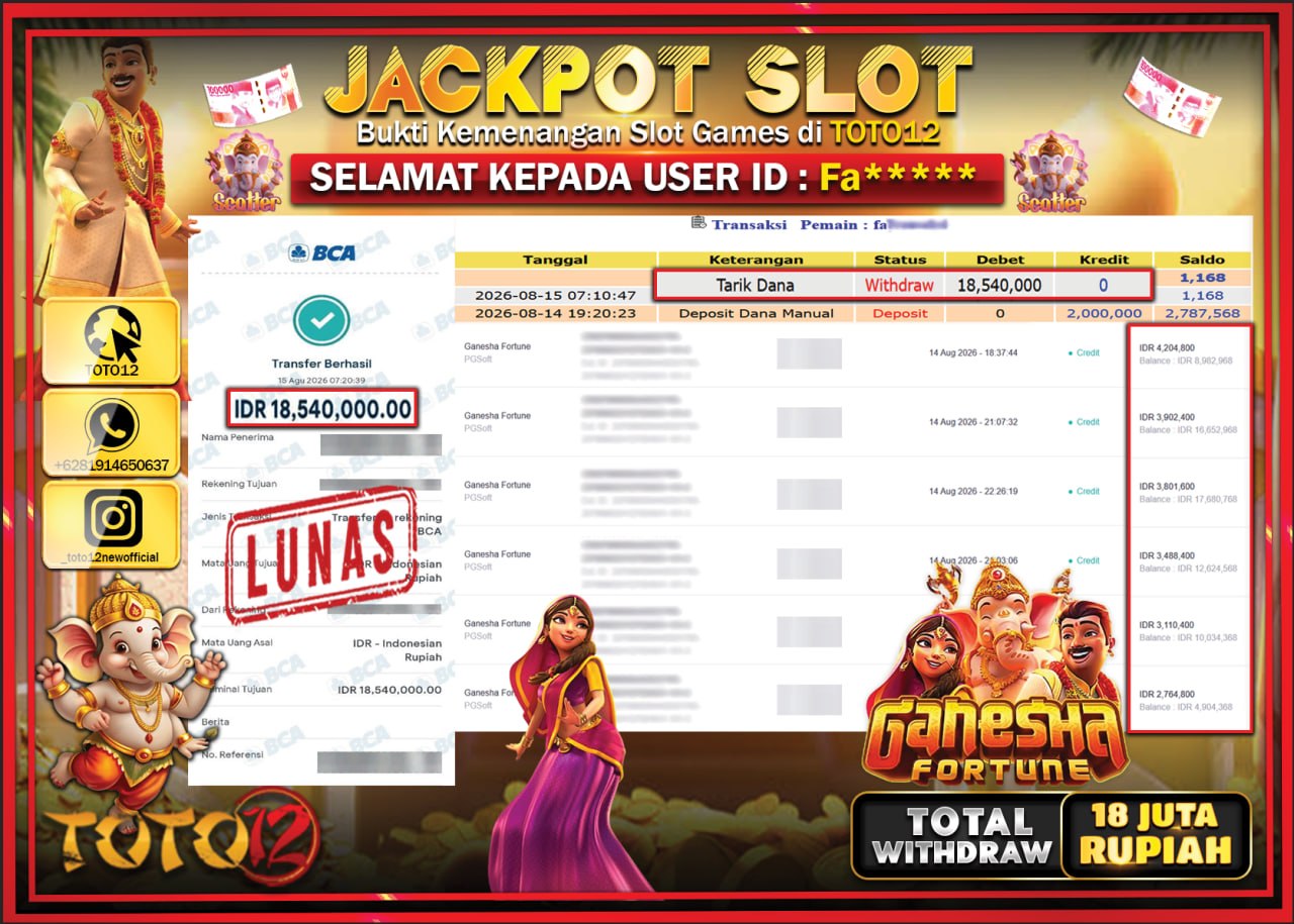 HANYA DI TOTO12 JP PASTI DI BAYAR LUNAS DAN CEPAT!!!!!! JACKPOT SLOT GAME (GANESHA FORTUNE) Rp18.540.000!!!!