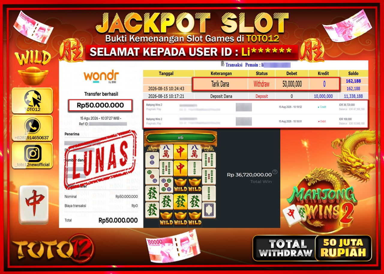 HANYA DI TOTO12 JP PASTI DI BAYAR LUNAS DAN CEPAT!!!!!! JACKPOT SLOT GAME (MAHJONG WINS 2) Rp50.000.000!!!!