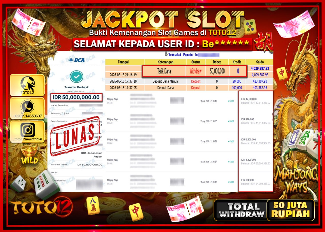 HANYA DI TOTO12 JP PASTI DI BAYAR LUNAS DAN CEPAT!!!!!! JACKPOT SLOT GAME (MAHJONG WAYS) Rp50.000.000!!!!