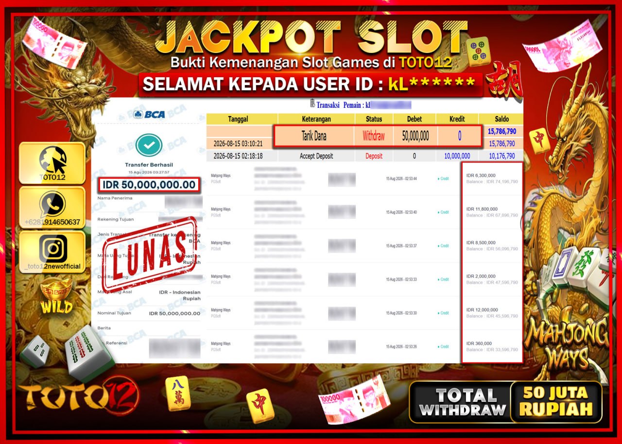 HANYA DI TOTO12 JP PASTI DI BAYAR LUNAS DAN CEPAT!!!!!! JACKPOT SLOT GAME (MAHJONG WAYS) Rp50.000.000!!!!