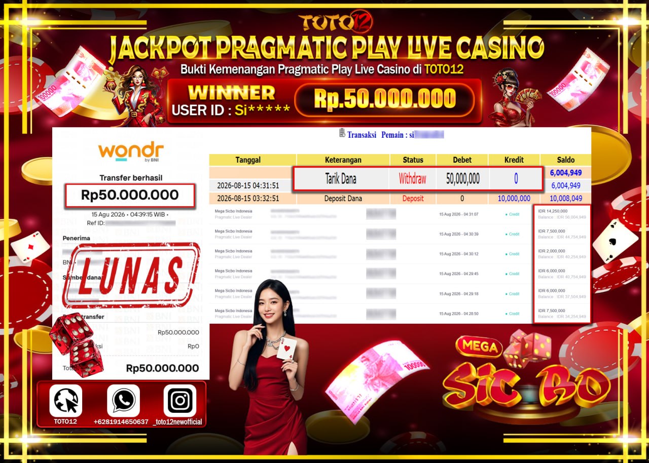 HANYA DI TOTO12 JP PASTI DI BAYAR LUNAS DAN CEPAT!!!!!! JACKPOT PRAGMATIC PLAY LIVE GAME CASINO (MEGA SICBO INDONESIA) Rp50.000.000!!!!