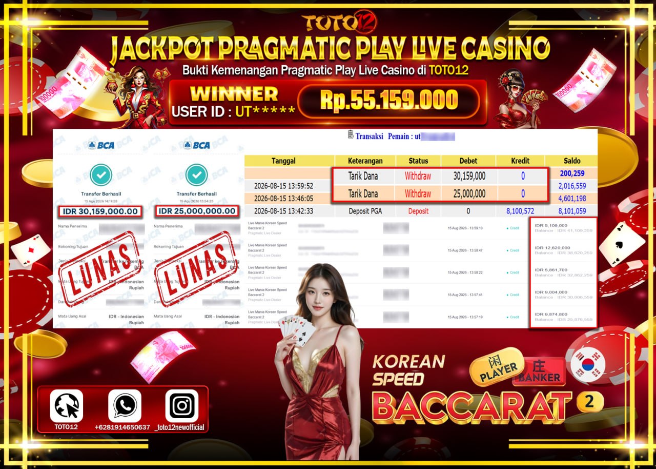 HANYA DI TOTO12 JP PASTI DI BAYAR LUNAS DAN CEPAT!!!!!! JACKPOT SLOT GAME (LIVE MANIA KOREAN SPEED BACCARAT 2) Rp55.159.000!!!!
