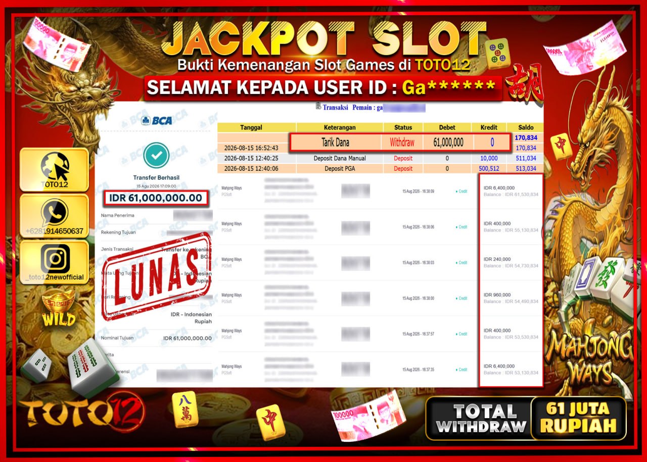 HANYA DI TOTO12 JP PASTI DI BAYAR LUNAS DAN CEPAT!!!!!! JACKPOT SLOT GAME (MAHJONG WAYS) Rp61.000.000!!!!