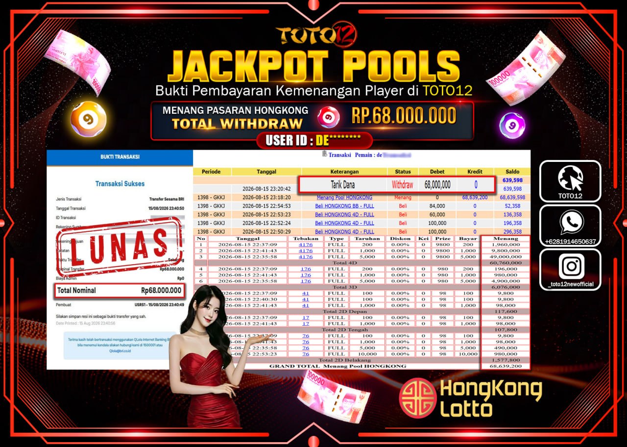 HANYA DI TOTO12 JP PASTI DI BAYAR LUNAS DAN CEPAT!!!!!! JACKPOT POOLS PASARAN (HONGKONG) Rp68.000.000!!!!
