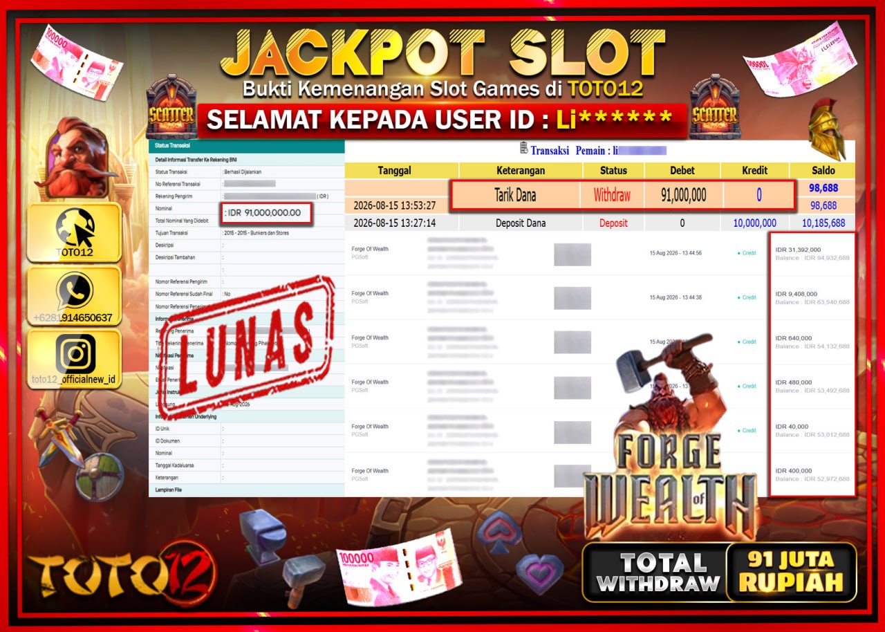 HANYA DI TOTO12 JP PASTI DI BAYAR LUNAS DAN CEPAT!!!!!! JACKPOT SLOT GAME (FORGE OF WEALTH) Rp91.000.000!!!!