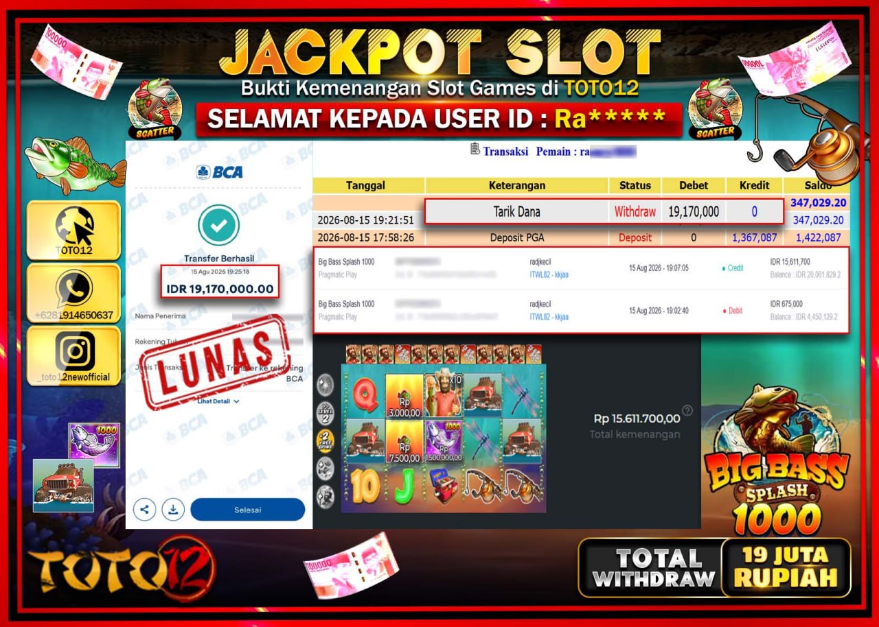 HANYA DI TOTO12 JP PASTI DI BAYAR LUNAS DAN CEPAT!!!!!! JACKPOT SLOT GAME (BIG BASS SPLASH 1000) Rp19.170.000!!!!