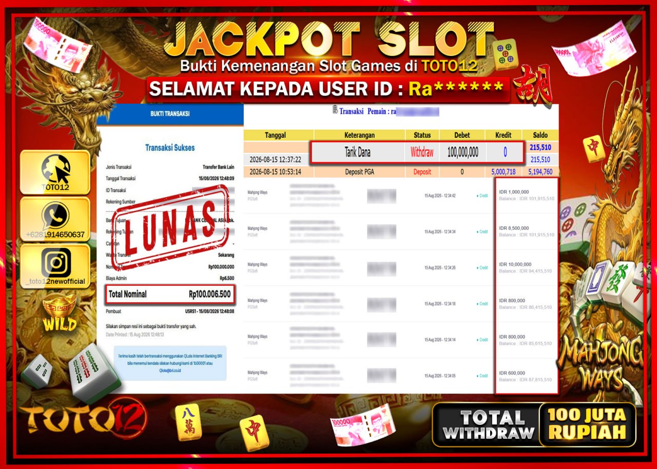 HANYA DI TOTO12 JP PASTI DI BAYAR LUNAS DAN CEPAT!!!!!! JACKPOT SLOT GAME (MAHJONG WAYS) Rp100.000.000!!!!