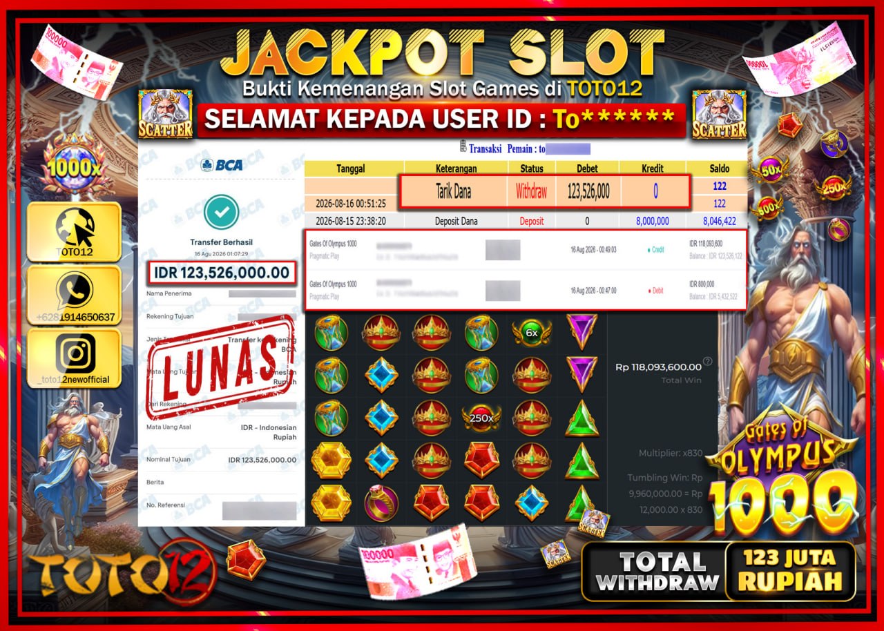 HANYA DI TOTO12 JP PASTI DI BAYAR LUNAS DAN CEPAT!!!!!! JACKPOT SLOT GAME (GATES OF OLYMPUS 1000) Rp123.526.000!!!!