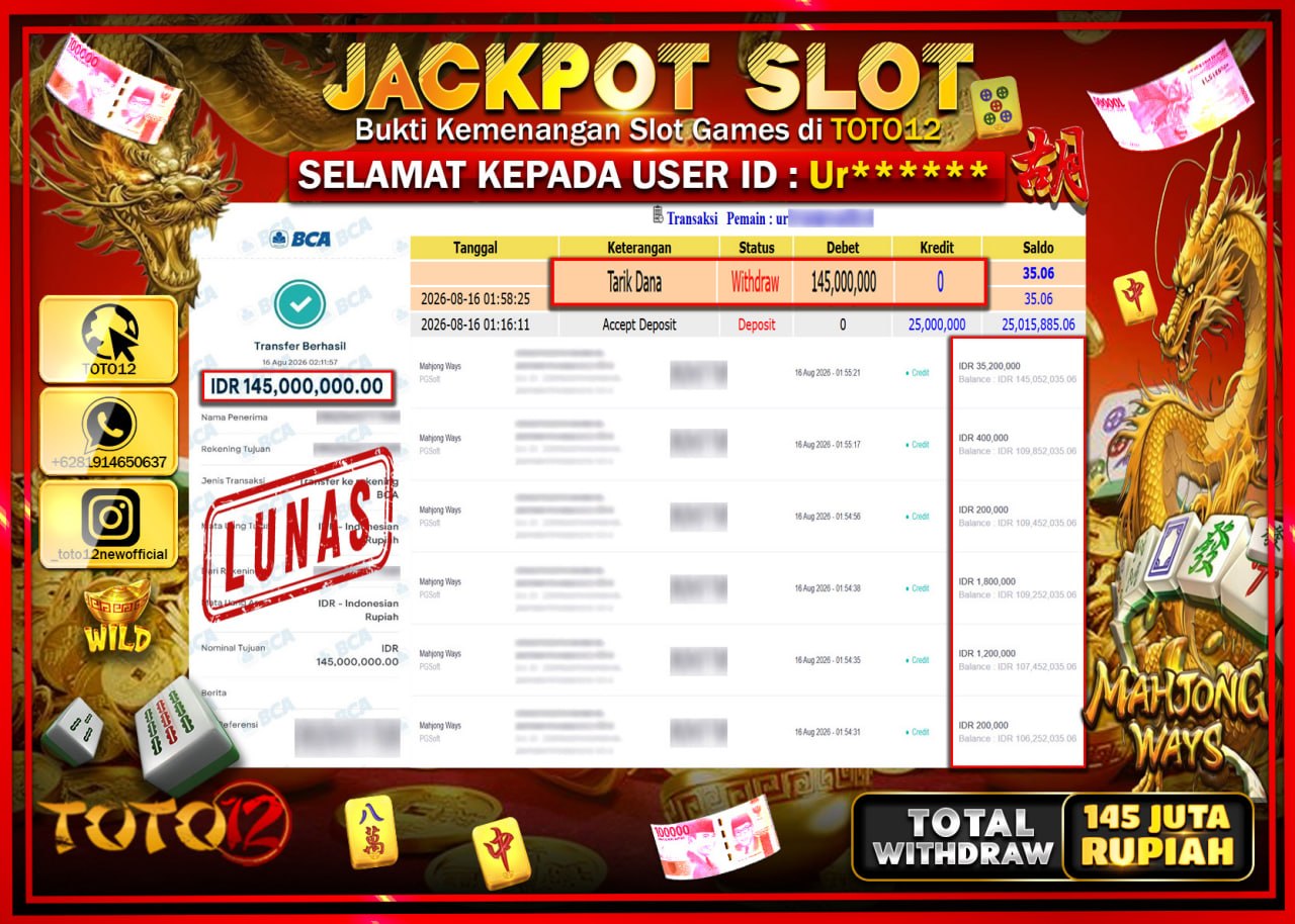 HANYA DI TOTO12 JP PASTI DI BAYAR LUNAS DAN CEPAT!!!!!! JACKPOT SLOT GAME (MAHJONG WAYS) Rp145.000.000!!!!