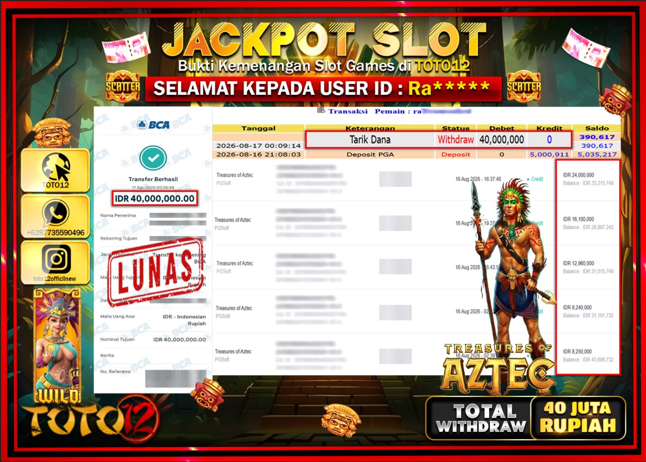 HANYA DI TOTO12 JP PASTI DI BAYAR LUNAS DAN CEPAT!!!!!! JACKPOT SLOT GAME (TREASURES OF AZTEC) Rp40.000.000!!!!