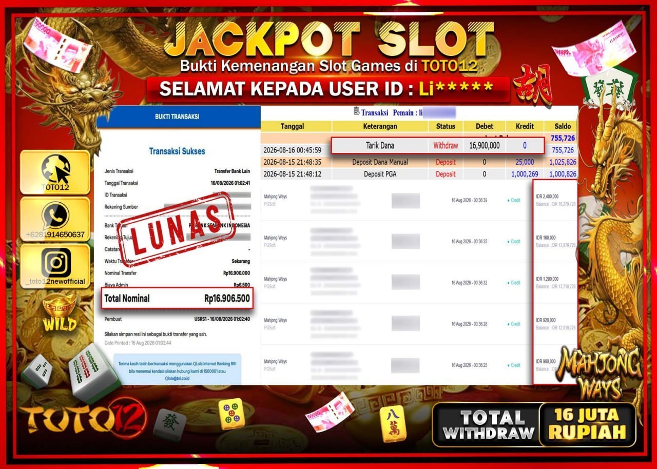 HANYA DI TOTO12 JP PASTI DI BAYAR LUNAS DAN CEPAT!!!!!! JACKPOT SLOT GAME (MAHJONG WAYS) Rp16.900.000!!!!