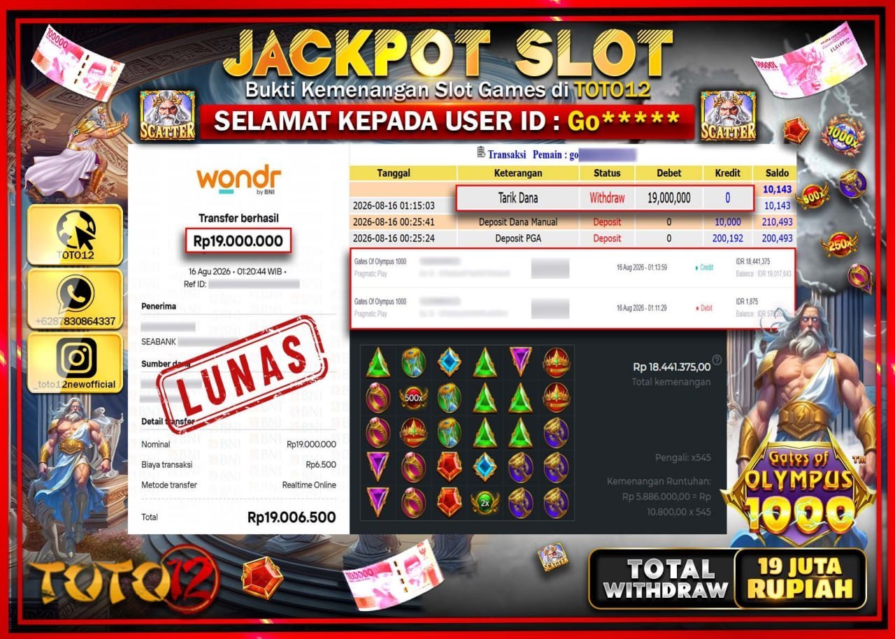 HANYA DI TOTO12 JP PASTI DI BAYAR LUNAS DAN CEPAT!!!!!! JACKPOT SLOT GAME (GATES OF OLYMPUS 1000) Rp19.000.000!!!!