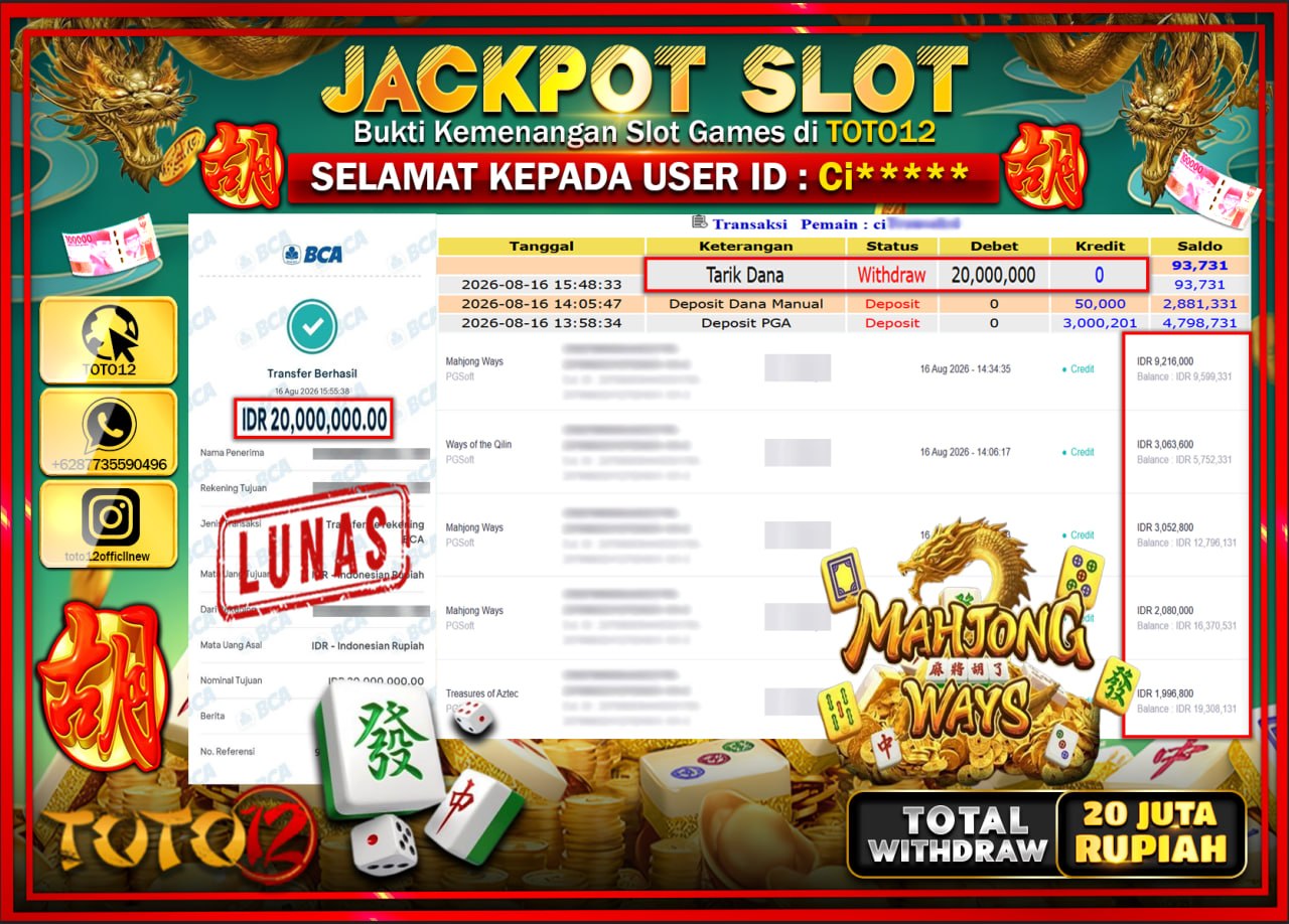 HANYA DI TOTO12 JP PASTI DI BAYAR LUNAS DAN CEPAT!!!!!! JACKPOT SLOT GAME (MAHJONG WAYS 2) Rp20.000.000!!!!