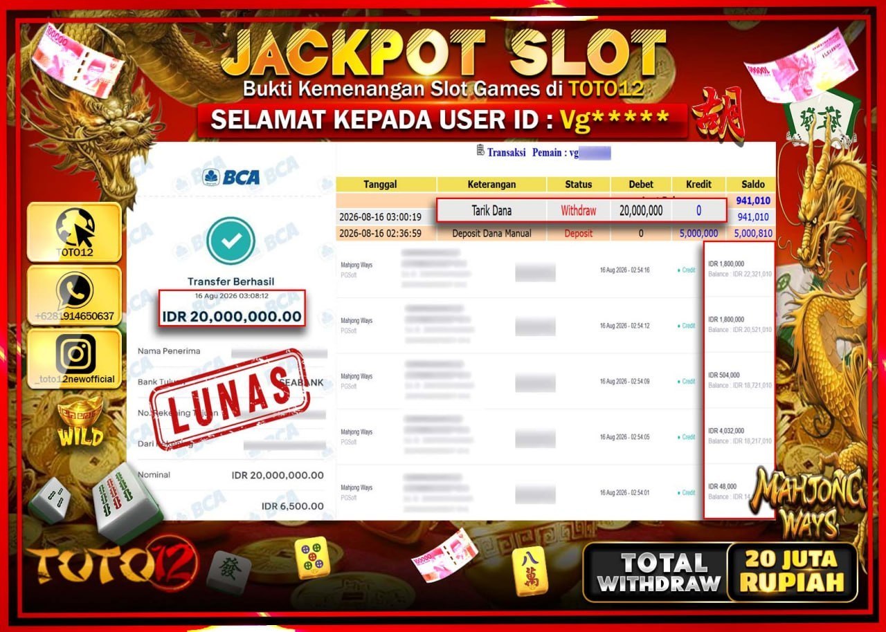 HANYA DI TOTO12 JP PASTI DI BAYAR LUNAS DAN CEPAT!!!!!! JACKPOT SLOT GAME (MAHJONG WAYS) Rp20.000.000!!!!
