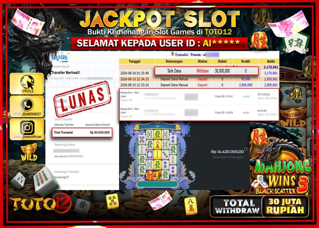 HANYA DI TOTO12 JP PASTI DI BAYAR LUNAS DAN CEPAT!!!!!! JACKPOT SLOT GAME (MAHJONG WINS 3 BLACK SCATTER) Rp30.000.000!!!!