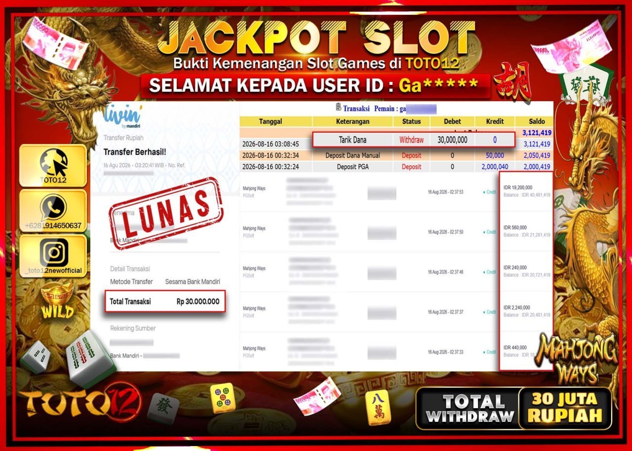 HANYA DI TOTO12 JP PASTI DI BAYAR LUNAS DAN CEPAT!!!!!! JACKPOT SLOT GAME (MAHJONG WAYS) Rp30.000.000!!!!