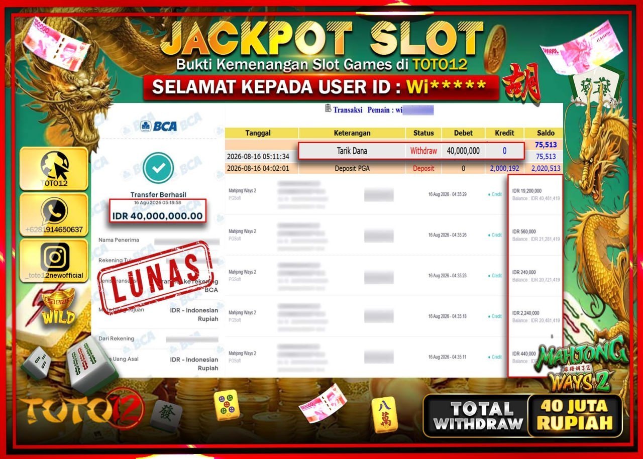 HANYA DI TOTO12 JP PASTI DI BAYAR LUNAS DAN CEPAT!!!!!! JACKPOT SLOT GAME (MAHJONG WAYS 2) Rp40.000.000!!!!