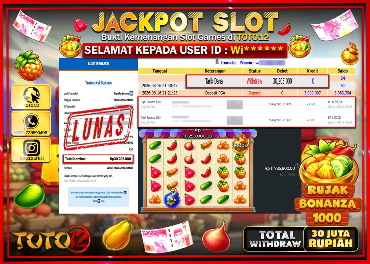 HANYA DI TOTO12 JP PASTI DI BAYAR LUNAS DAN CEPAT!!!!!! JACKPOT SLOT GAME (RUJAK BONANZA 1000) Rp30.205.000!!!!