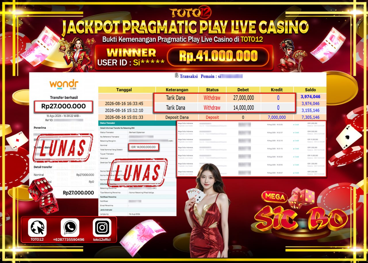 HANYA DI TOTO12 JP PASTI DI BAYAR LUNAS DAN CEPAT!!!!!! JACKPOT PRAGMATIC PLAY LIVE GAME CASINO (MEGA SICBO INDONESIA) Rp41.000.000!!!!