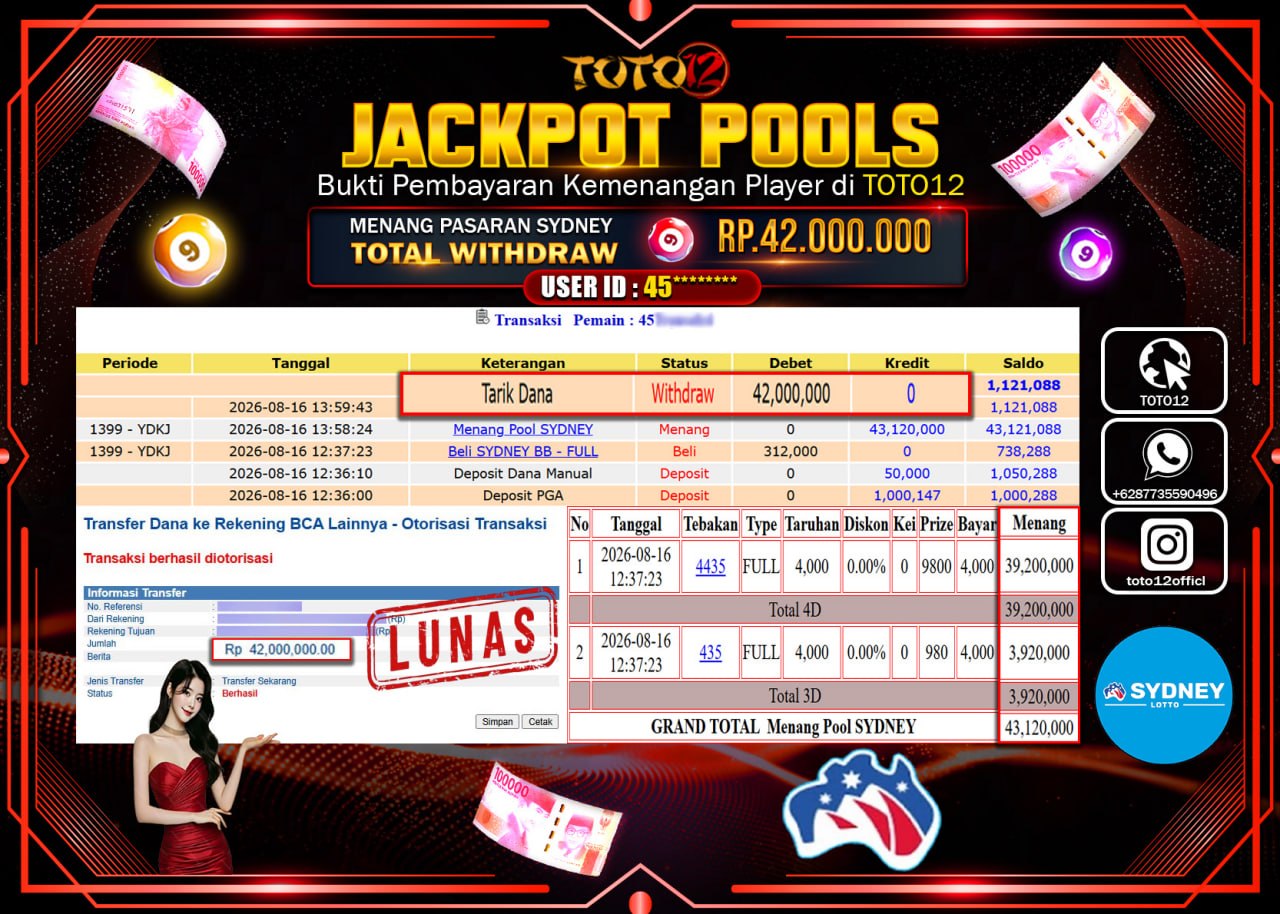 HANYA DI TOTO12 JP PASTI DI BAYAR LUNAS DAN CEPAT!!!!!! JACKPOT POOLS PASARAN (SYDNEY) Rp42.000.000!!!!