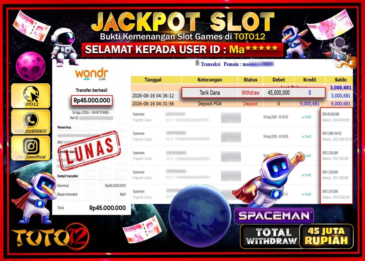 HANYA DI TOTO12 JP PASTI DI BAYAR LUNAS DAN CEPAT!!!!!! JACKPOT SLOT GAME (SPACEMAN) Rp45.000.000!!!!