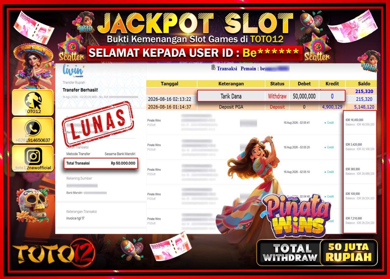 HANYA DI TOTO12 JP PASTI DI BAYAR LUNAS DAN CEPAT!!!!!! JACKPOT SLOT GAME (PINATA WINS) Rp50.000.000!!!!
