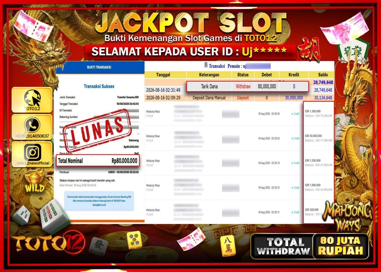 HANYA DI TOTO12 JP PASTI DI BAYAR LUNAS DAN CEPAT!!!!!! JACKPOT SLOT GAME (MAHJONG WAYS) Rp80.000.000!!!!
