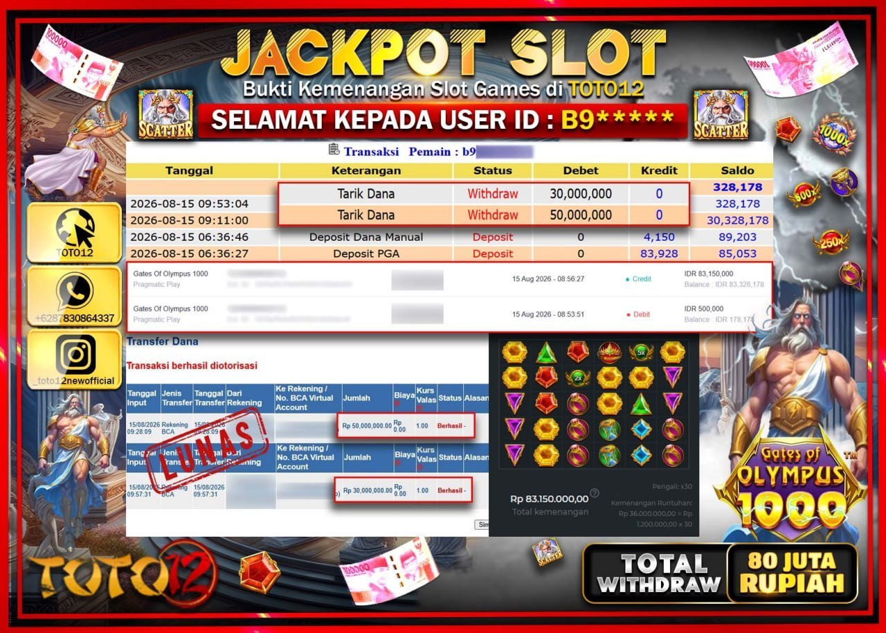 HANYA DI TOTO12 JP PASTI DI BAYAR LUNAS DAN CEPAT!!!!!! JACKPOT SLOT GAME (GATES OF OLYMPUS 1000) Rp80.000.000!!!!