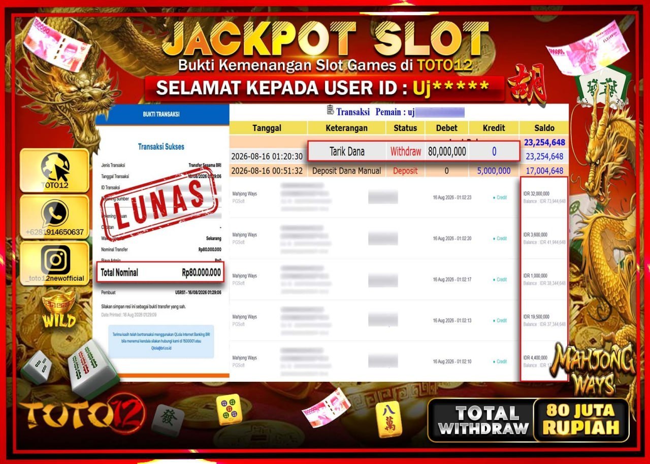 HANYA DI TOTO12 JP PASTI DI BAYAR LUNAS DAN CEPAT!!!!!! JACKPOT SLOT GAME (MAHJONG WAYS) Rp80.000.000!!!!