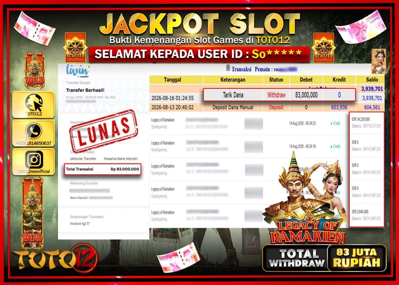 HANYA DI TOTO12 JP PASTI DI BAYAR LUNAS DAN CEPAT!!!!!! JACKPOT SLOT GAME (LEGACY OF RAMKIEN) Rp83.000.000!!!!