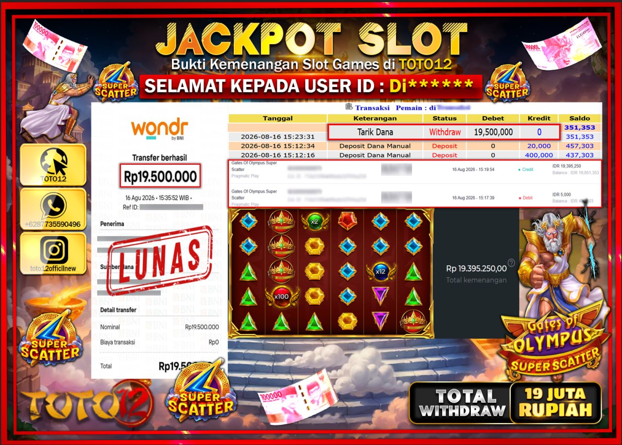 HANYA DI TOTO12 JP PASTI DI BAYAR LUNAS DAN CEPAT!!!!!! JACKPOT SLOT GAME (GATES OF OLYMPUS SUPER SCATTER) Rp19.500.000!!!!